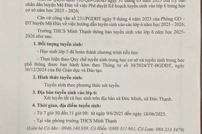 Trường THCS Minh Thạnh tuyển sinh lớp 6 năm học 2025-2026